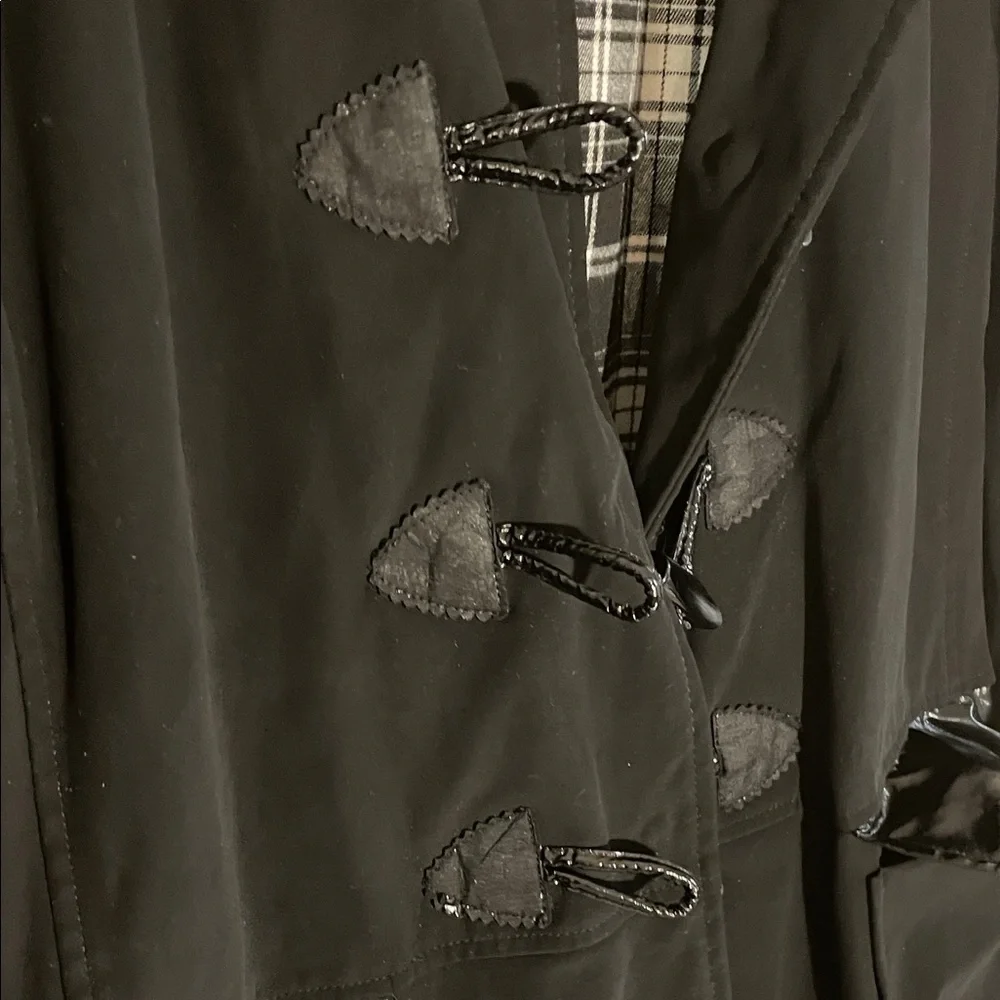 Jane Post Black Plaid Lining Hood Toggle Trench Coat and Matching Scarf